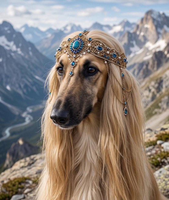 Afghan Hound in mountain terrain